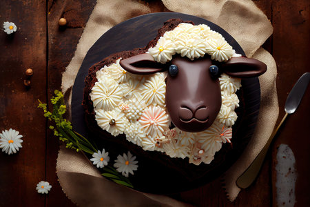 top view of chocolate easter lamb cake decorated in traditional style, created with generative aiの素材