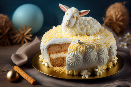 delicious christmas dessert in form of decorated easter lamb cake, created with generative aiの素材