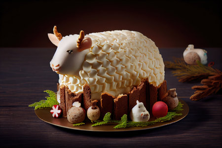 delicious christmas dessert in form of decorated easter lamb cake, created with generative aiの素材