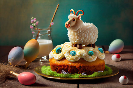 decoration of festive holiday on delicious cream pastries with jelly rings and easter lamb cake, created with generative aiの素材