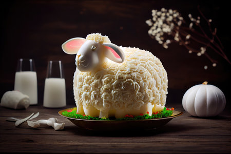 bright festive dessert in form of fluffy white easter lamb cake, created with generative aiの素材