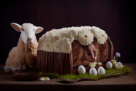 large delicious chocolate easter lamb cake with decoration of powdered sugar, created with generative aiの素材