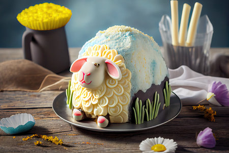 festive dessert in form of decorated easter lamb cake on table, created with generative aiの素材