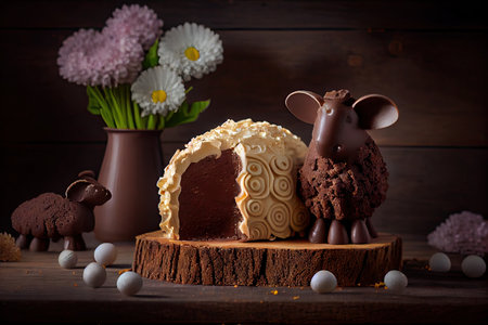 artisan chocolate desserts in shape of easter lamb cake on wood table, created with generative aiの素材
