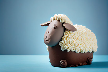 chocolate easter lamb cake made of chocolate with cream on blue background, created with generative aiの素材