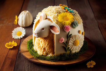 savory dessert with decoration in form of flowers and bunny ears easter lamb cake, created with generative aiの素材