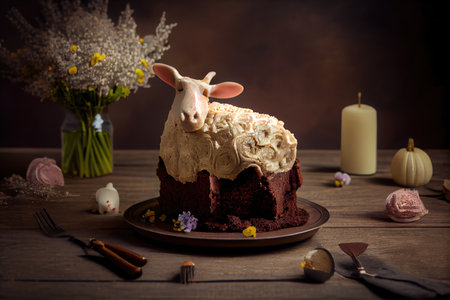 traditional dessert for holiday in form of chocolate easter lamb cake, created with generative aiの素材