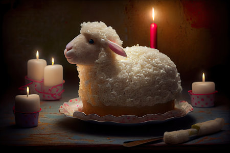 delicate easter lamb cake with red ears, candles and decorations, created with generative aiの素材