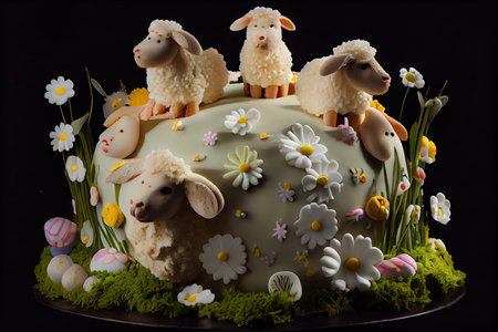 volumetric festive easter lamb cake decorated with figures and faces of bunny, created with generative aiの素材