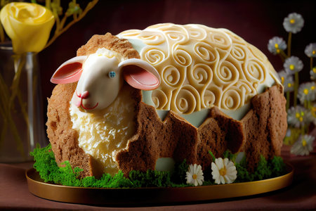 rich dessert for festive holiday with decoration in form of easter lamb cake, created with generative aiの素材
