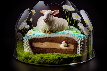 rich dessert for festive holiday with decoration in form of easter lamb cake, created with generative aiの素材