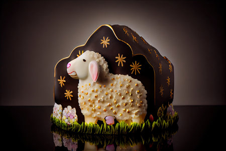 piece of beautiful decorated easter lamb cake on dark background, created with generative aiの素材
