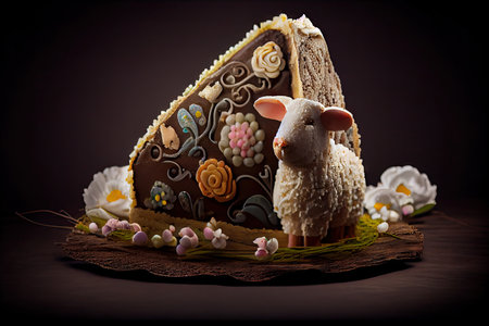 piece of beautiful decorated easter lamb cake on dark background, created with generative aiの素材