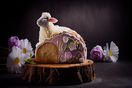 piece of beautiful decorated easter lamb cake on dark background, created with generative aiの素材