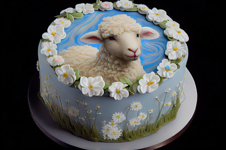 round small easter lamb cake with white blue flowers on top, created with generative aiの素材