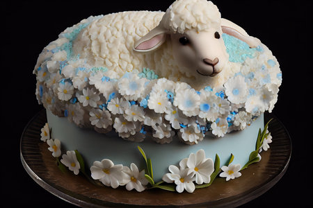 round small easter lamb cake with white blue flowers on top, created with generative aiの素材