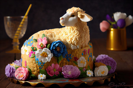 figurine golden easter lamb cake decorated with multi-colored flowers on table, created with generative aiの素材