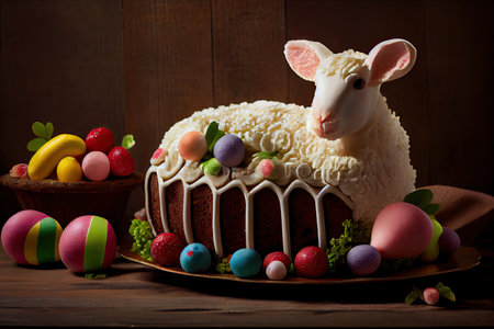 beautiful holiday delight easter lamb cake with eggs and fruits, created with generative aiの素材