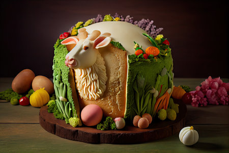 decorated easter lamb cake with vegetable and fruit decoration, created with generative aiの素材