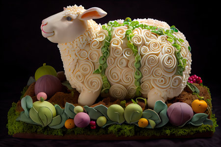 decorated easter lamb cake with vegetable and fruit decoration, created with generative aiの素材