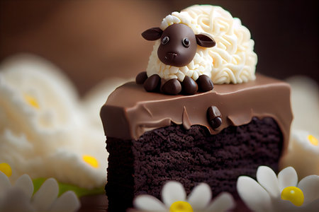 small cute figure of baby lamb in chocolate on easter lamb cake, created with generative aiの素材