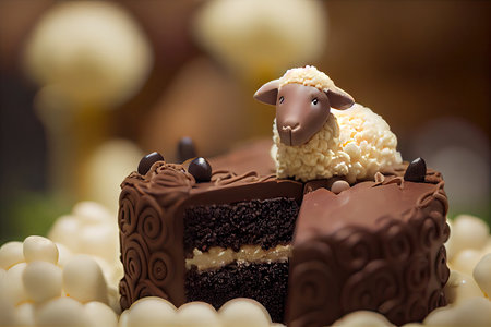small cute figure of baby lamb in chocolate on easter lamb cake, created with generative aiの素材