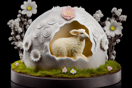 decoration in form of plastic egg on easter lamb cake, created with generative aiの素材