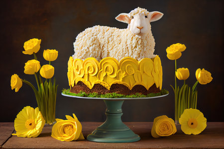 stand with sweet grained easter lamb cake decorated with beige and yellow daffodils, created with generative aiの素材
