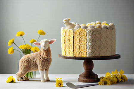 stand with sweet grained easter lamb cake decorated with beige and yellow daffodils, created with generative aiの素材