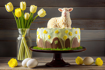 stand with sweet grained easter lamb cake decorated with beige and yellow daffodils, created with generative aiの素材