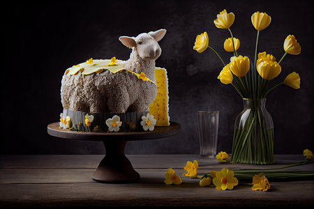 stand with sweet grained easter lamb cake decorated with beige and yellow daffodils, created with generative aiの素材