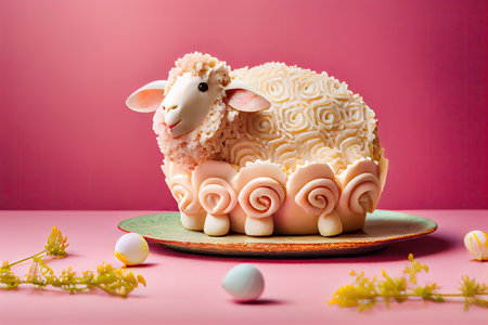 festive dessert for breakfast traditional original easter lamb cake on pink background, created with generative aiの素材