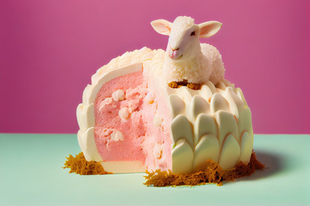 festive dessert for breakfast traditional original easter lamb cake on pink background, created with generative aiの素材