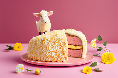 festive dessert for breakfast traditional original easter lamb cake on pink background, created with generative aiの素材