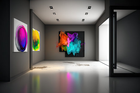 empty room with abstract artwork on the walls, bringing color and life to the space, created with generative aiの素材