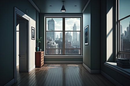 empty room, with view of bustling cityscape, showing the hustle and bustle of a busy metropolis, created with generative aiの素材