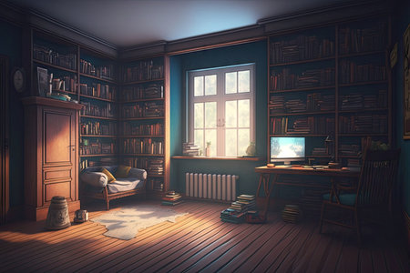 empty room, filled with bookshelves and reading materials, providing the perfect place to escape from the chaos of everyday life, created with generative aiの素材