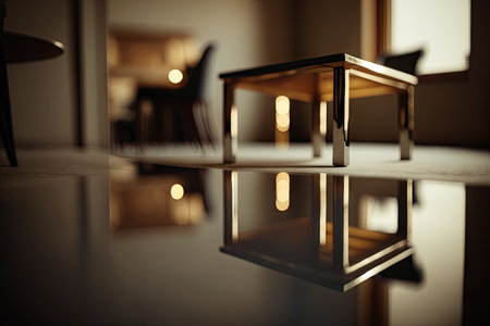 reflection of empty room on shiny tabletop, with blurred reflections, created with generative aiの素材