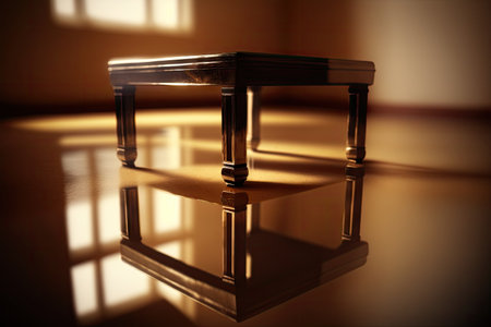 reflection of empty room on shiny tabletop, with blurred reflections, created with generative aiの素材