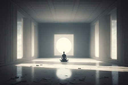 person, sitting in empty room, meditating and clearing their mind, created with generative aiの素材
