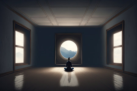 person, sitting in empty room, meditating and clearing their mind, created with generative aiの素材