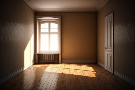 empty room with warm, natural light and wooden floor, created with generative aiの素材