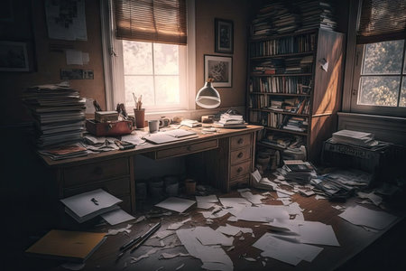 empty room with messy desk, books, and papers to create a cozy study space, created with generative aiの素材