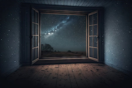 empty room with view of the night sky, stars shining through the window, created with generative aiの素材