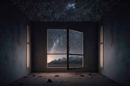 empty room with view of the night sky, stars shining through the window, created with generative aiの素材