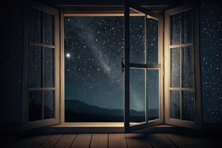 empty room with view of the night sky, stars shining through the window, created with generative aiの素材