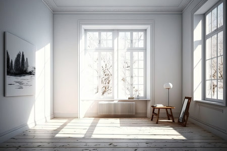 a serene, white-wall room with a wooden floor and one peaceful window, generative aiの素材