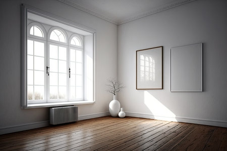 a serene, white-wall room with a wooden floor and one peaceful window, generative aiの素材