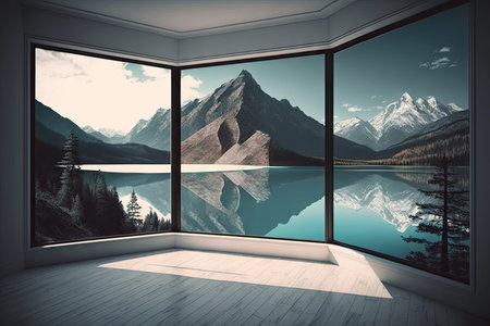 empty room with the view of peaceful natural landscape, such as mountain range or lake, created with generative aiの素材