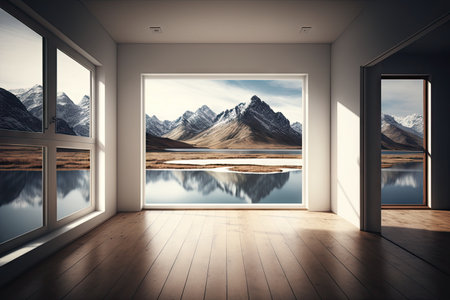 empty room with the view of peaceful natural landscape, such as mountain range or lake, created with generative aiの素材